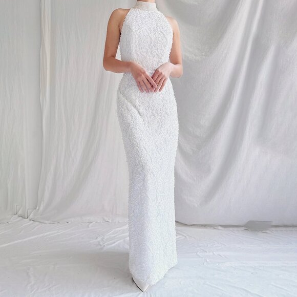 Vintage 90's Lace Pearl Halter Bridal Wedding Gown - Picture 1 of 12